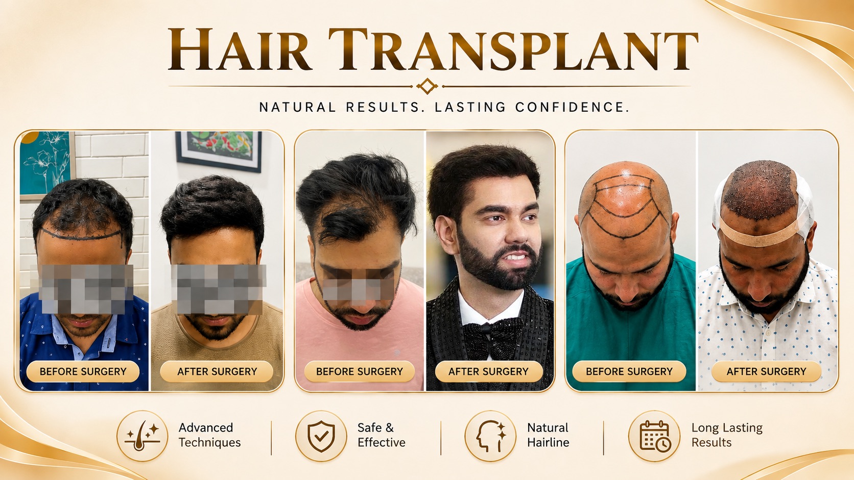 Hair transplant before and after results - natural hairline restoration at MS Hair & Skin Care